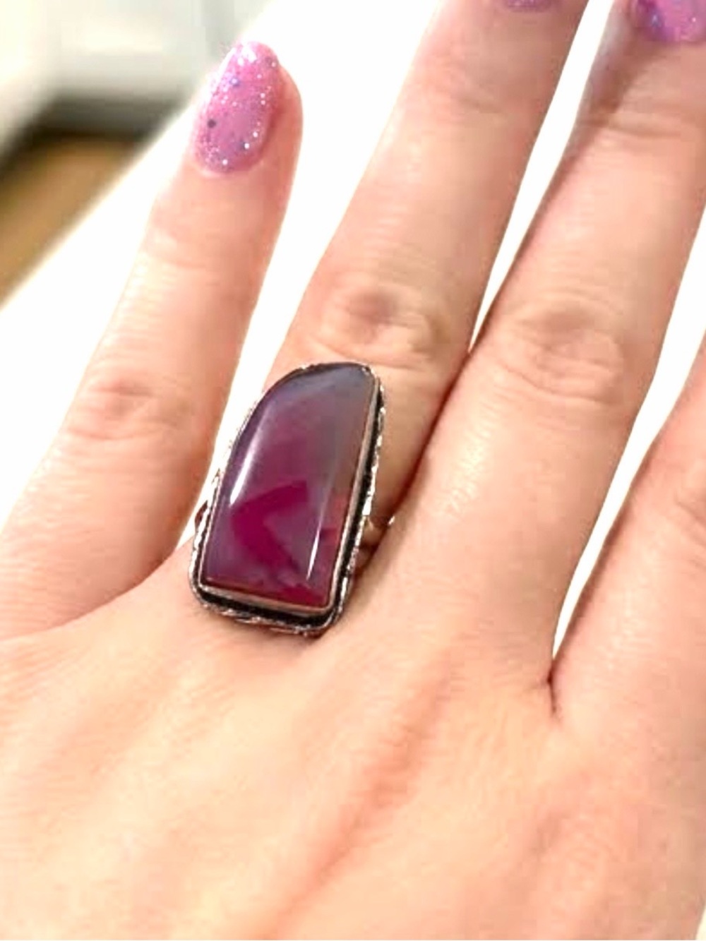 Vintage Sterling Silver 925 Pink Agate Statement Ring - Size 7
